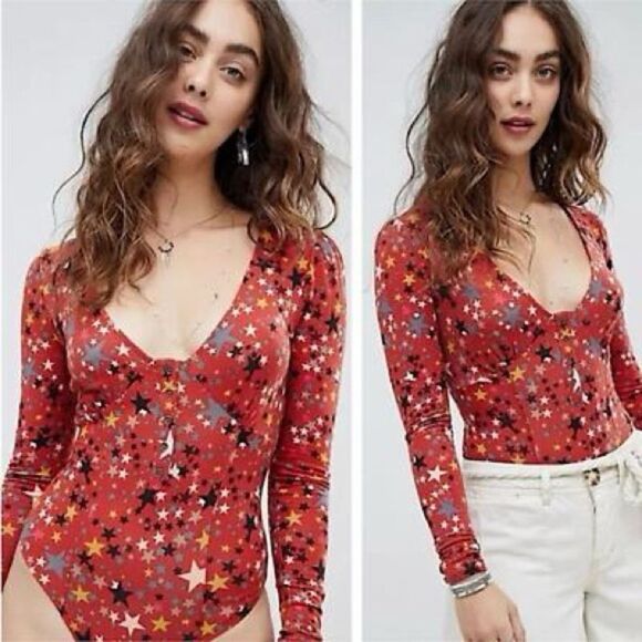 Free People Girls Like Us Star Cotton Bodysuit Rust Red - Picture 1 of 8